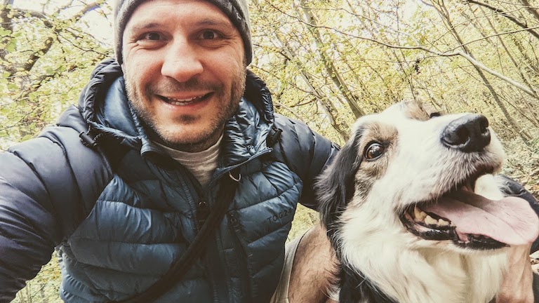 Phillip Penny and Flo in the woods
